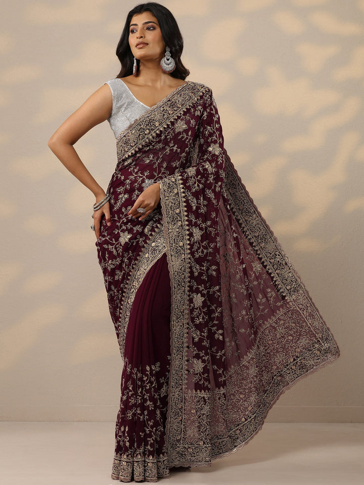 Maroon Embellished Georgette Sarees With Unstitched Blouse Piece