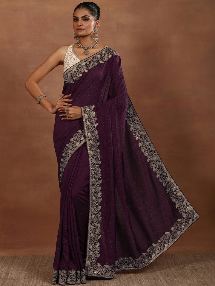 Burgundy Embellished Silk Blend Sarees With Unstitched Blouse Piece