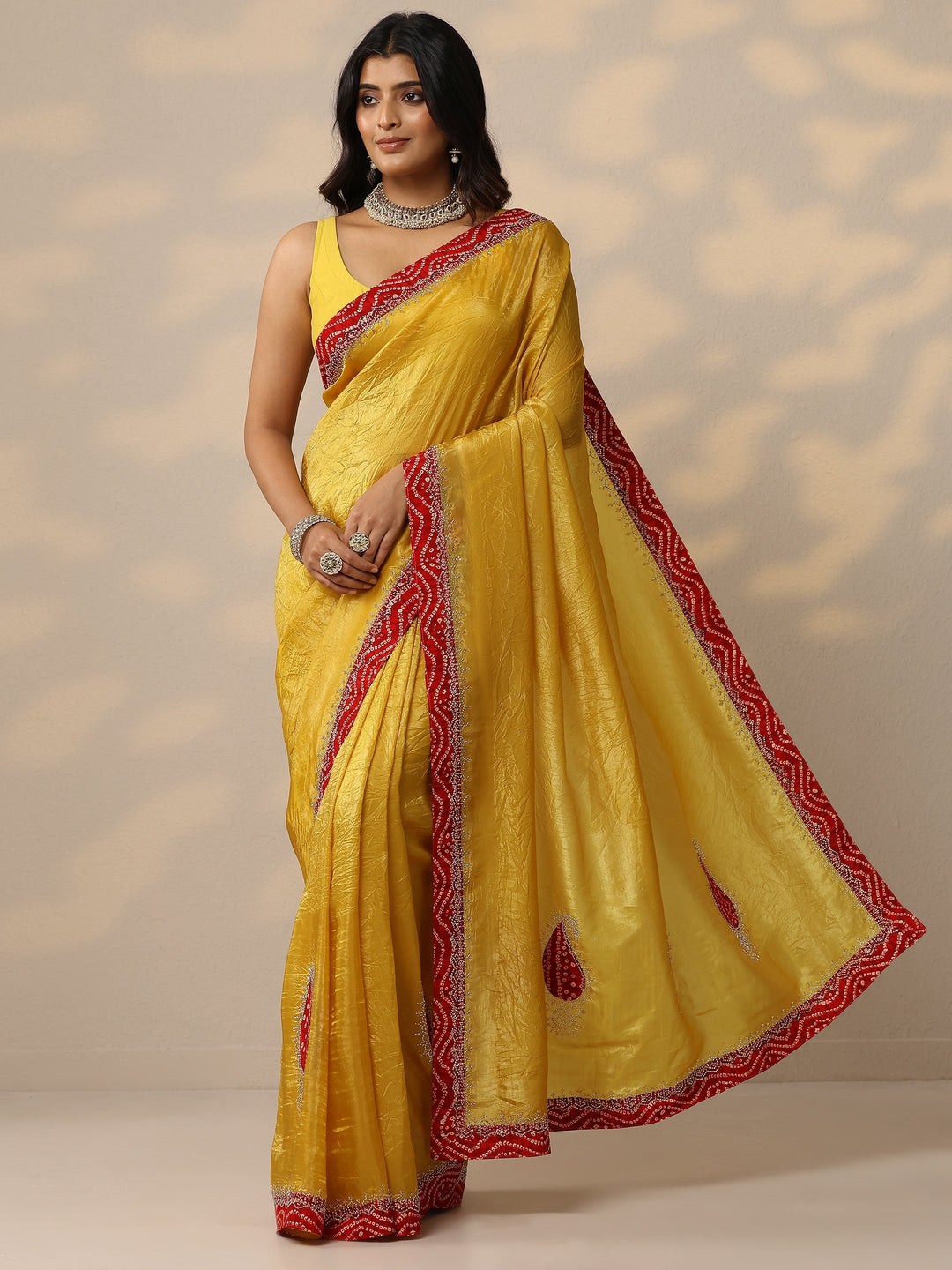 Yellow Embellished Organza Sarees With Unstitched Blouse Piece