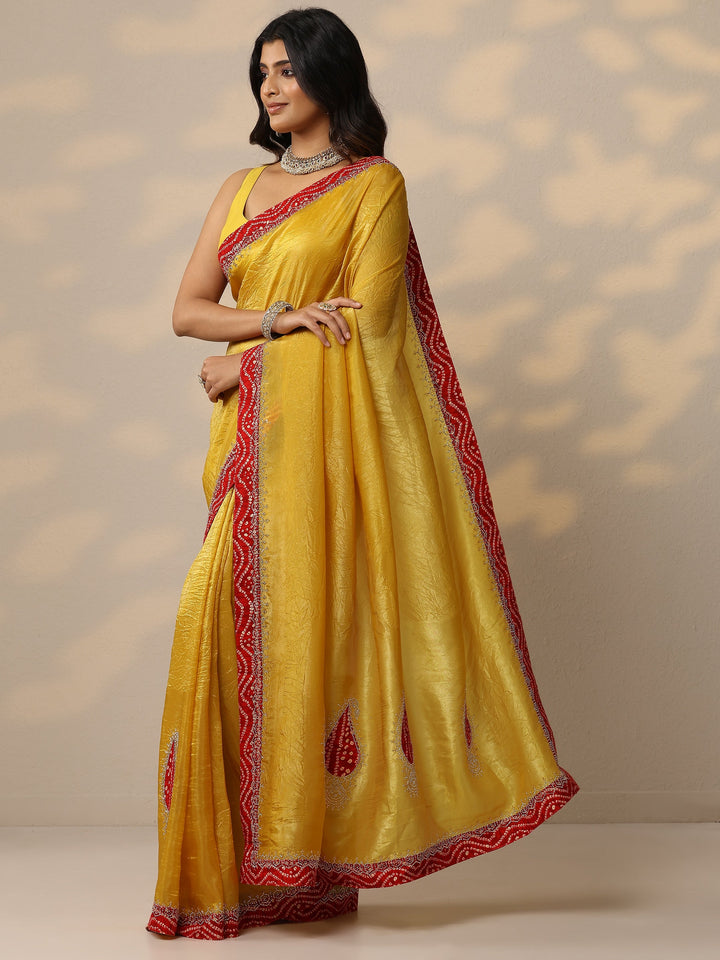 Yellow Embellished Organza Sarees With Unstitched Blouse Piece