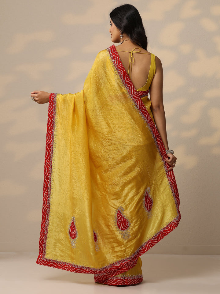 Yellow Embellished Organza Sarees With Unstitched Blouse Piece