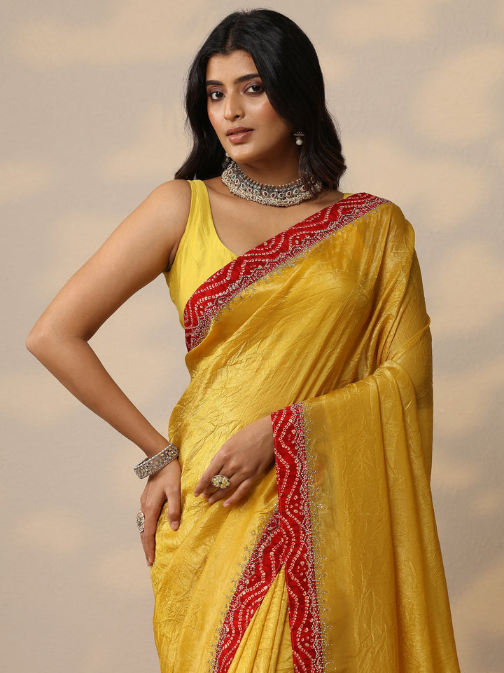 Yellow Embellished Organza Sarees With Unstitched Blouse Piece