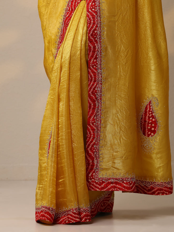 Yellow Embellished Organza Sarees With Unstitched Blouse Piece