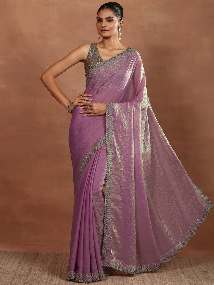 Lavender Embellished Chiffon Sarees With Unstitched Blouse Piece