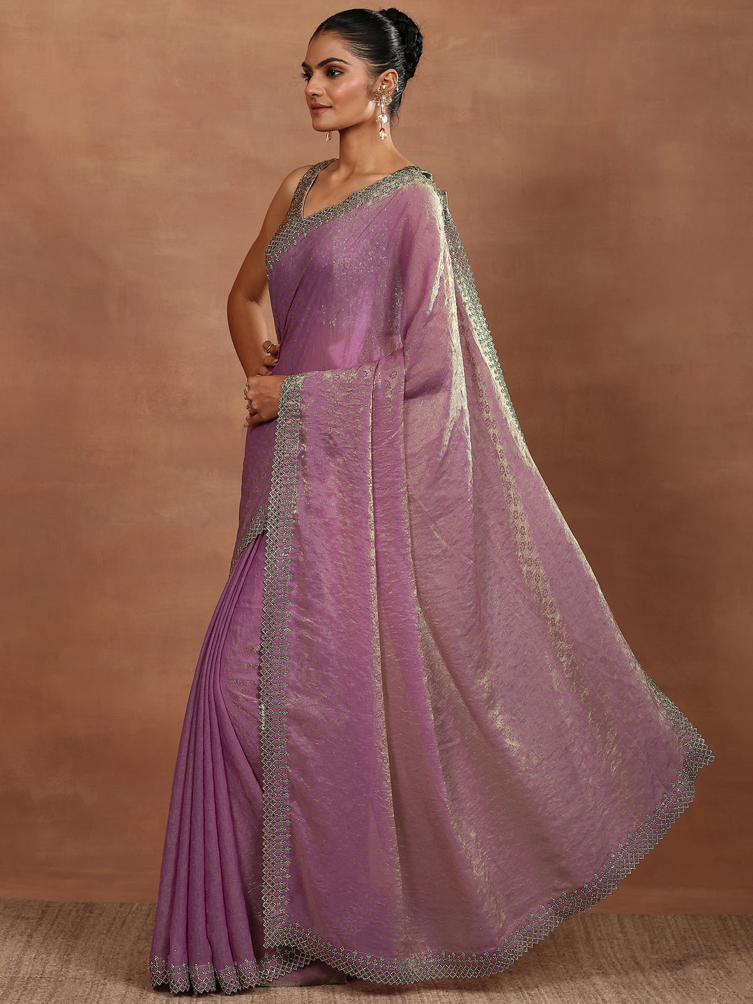 Lavender Embellished Chiffon Sarees With Unstitched Blouse Piece