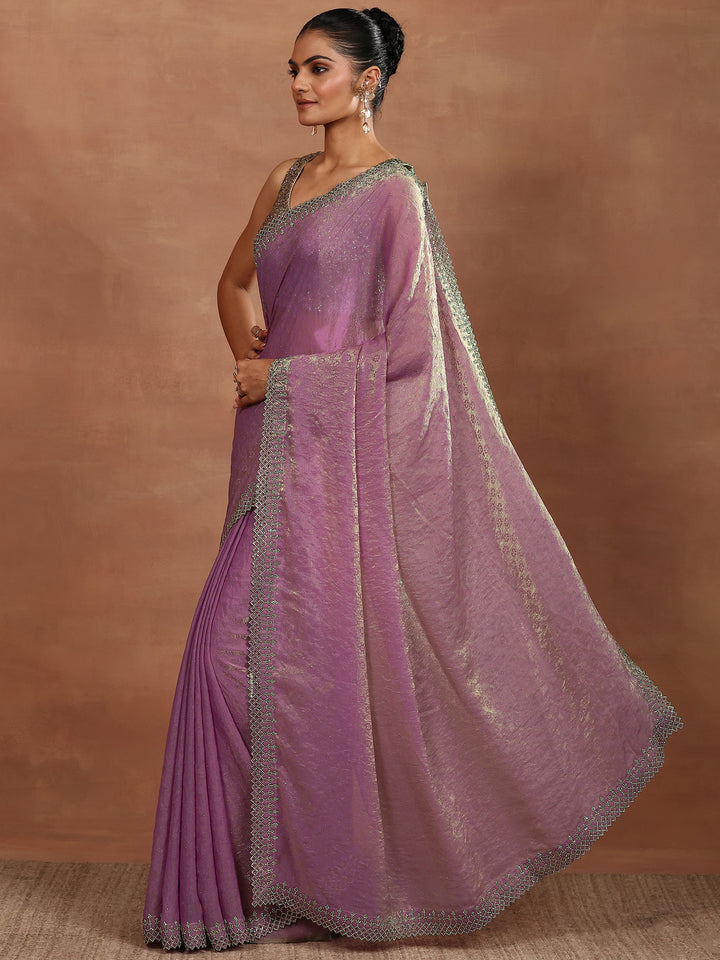 Lavender Embellished Chiffon Sarees With Unstitched Blouse Piece