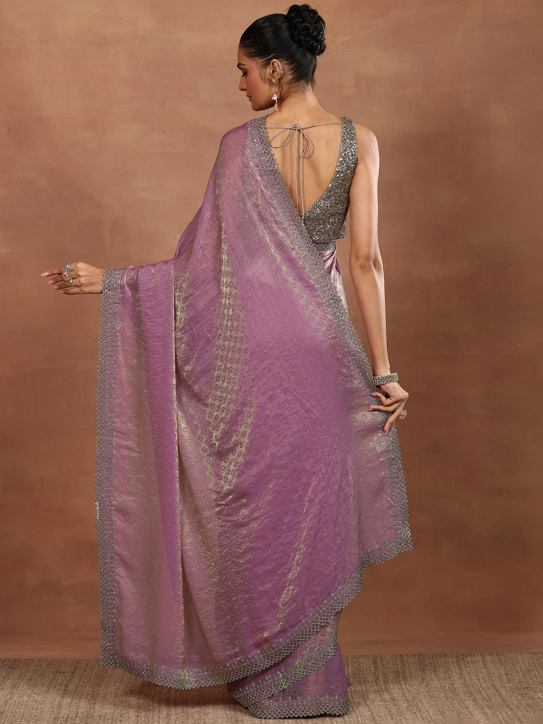 Lavender Embellished Chiffon Sarees With Unstitched Blouse Piece