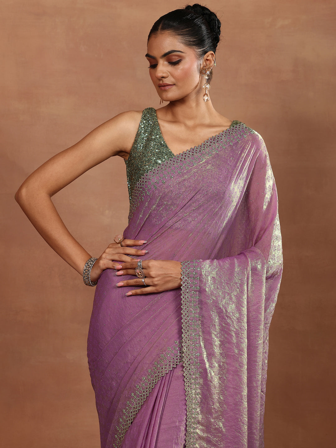 Lavender Embellished Chiffon Sarees With Unstitched Blouse Piece