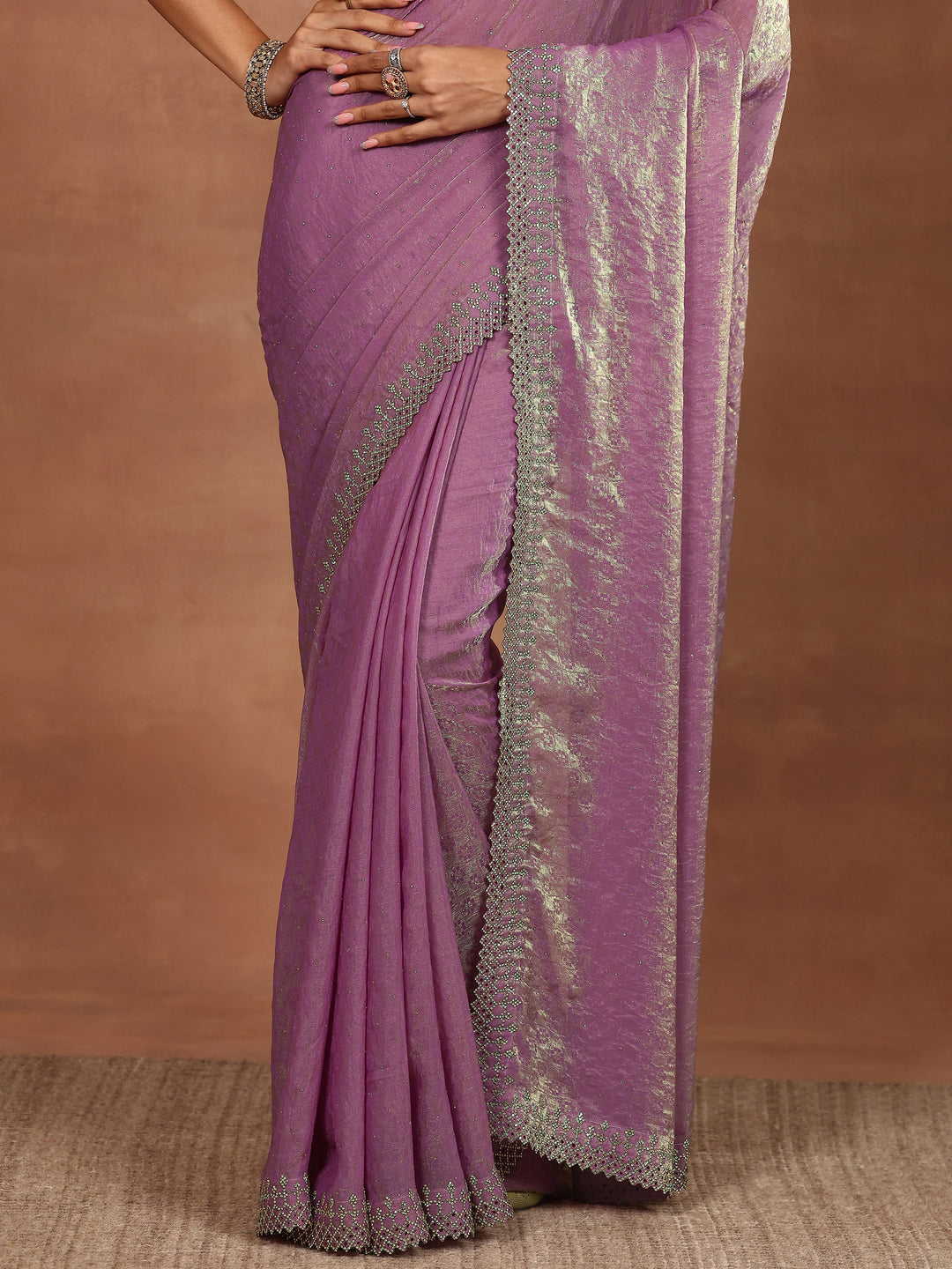 Lavender Embellished Chiffon Sarees With Unstitched Blouse Piece