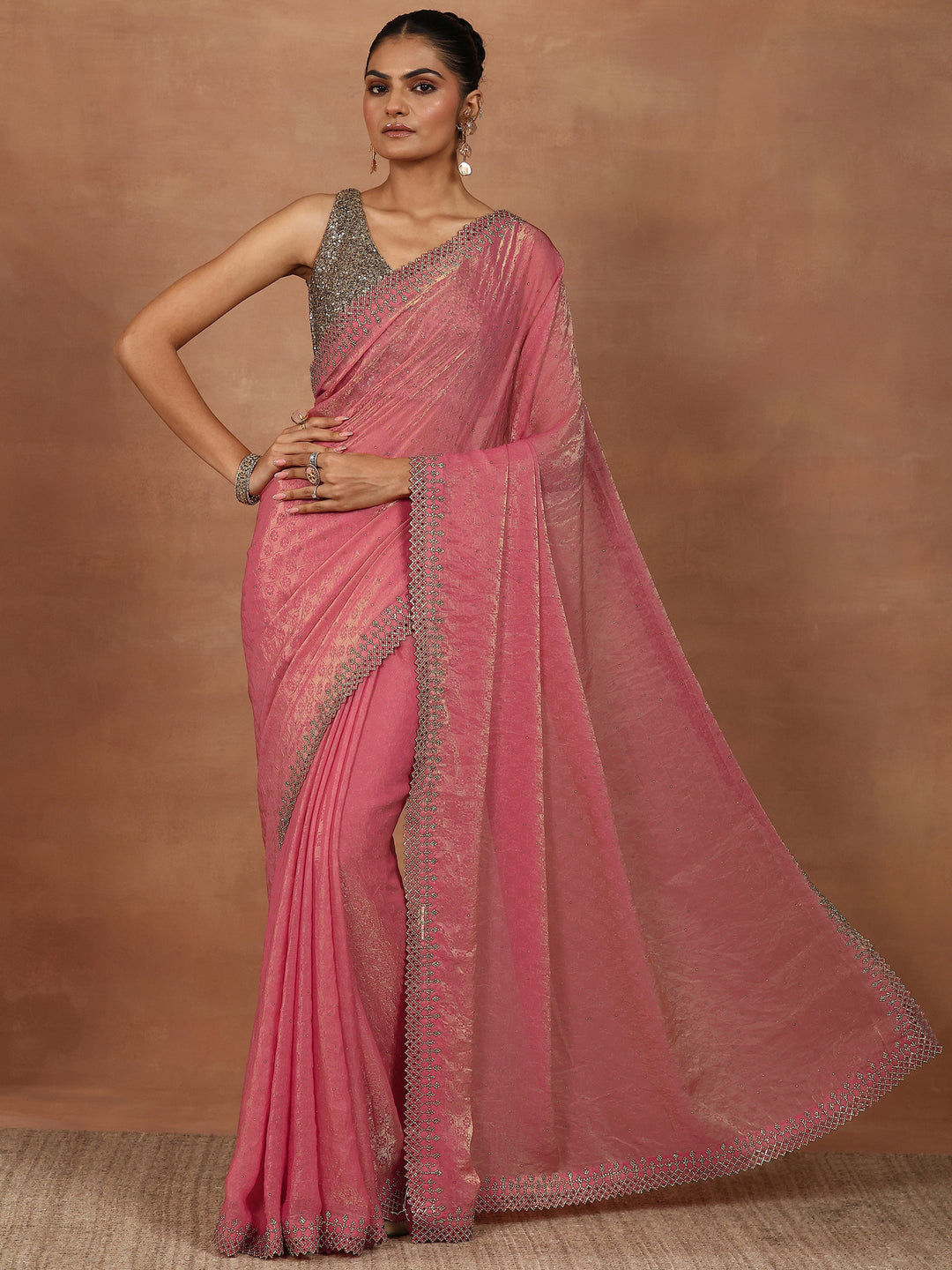 Coral Embellished Chiffon Sarees With Unstitched Blouse Piece