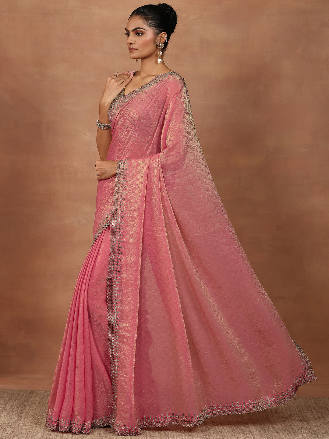 Coral Embellished Chiffon Sarees With Unstitched Blouse Piece