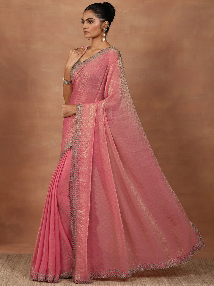 Coral Embellished Chiffon Sarees With Unstitched Blouse Piece