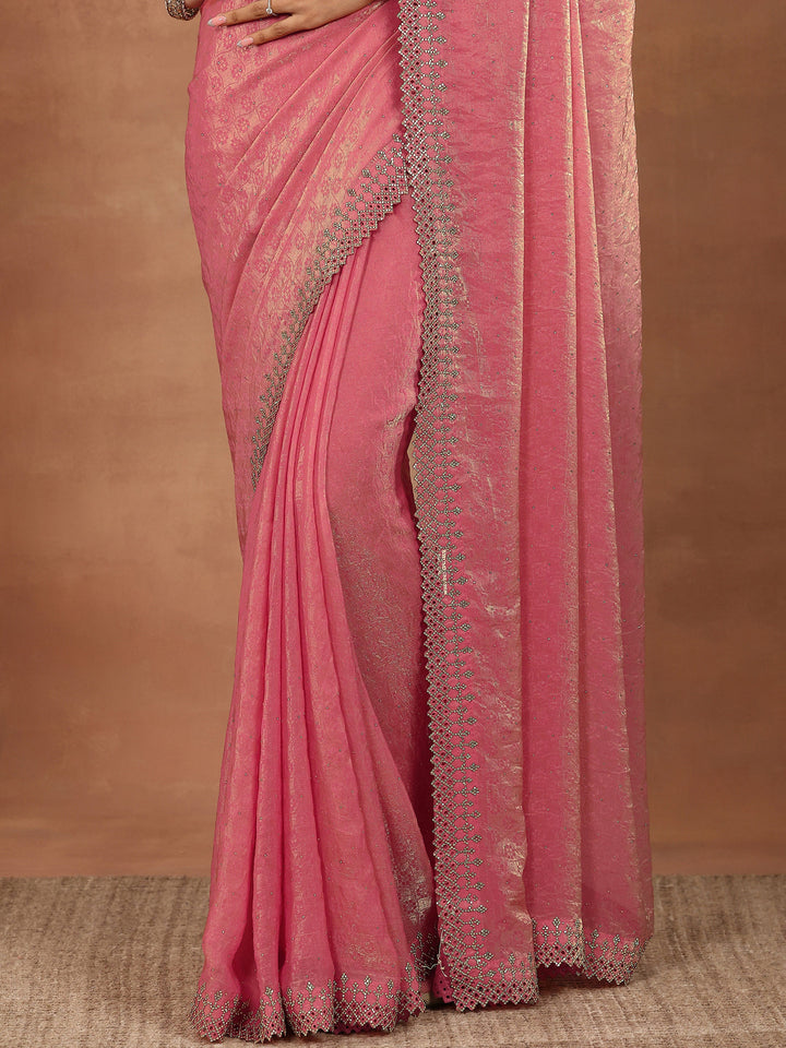 Coral Embellished Chiffon Sarees With Unstitched Blouse Piece