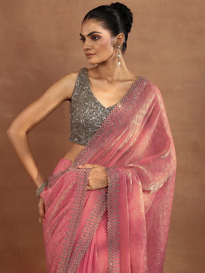 Coral Embellished Chiffon Sarees With Unstitched Blouse Piece