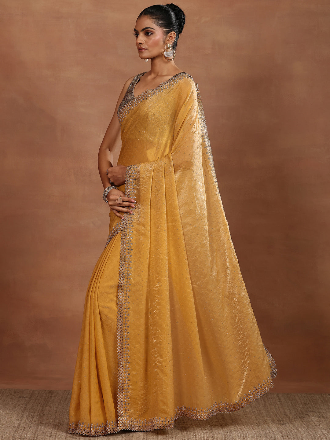 Mustard Embellished Chiffon Sarees With Unstitched Blouse Piece