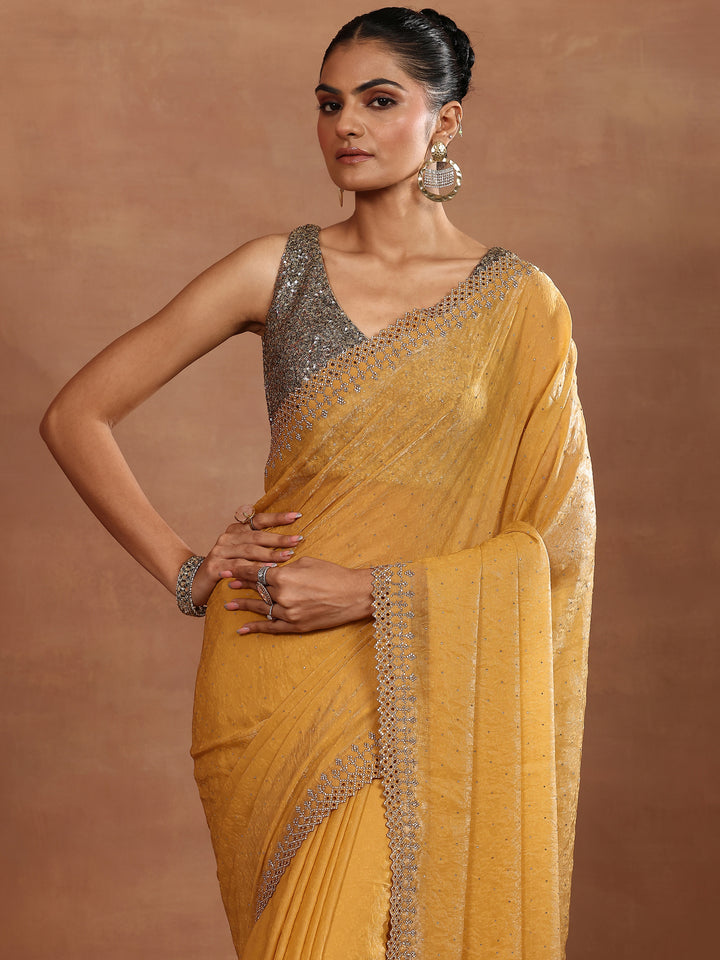Mustard Embellished Chiffon Sarees With Unstitched Blouse Piece