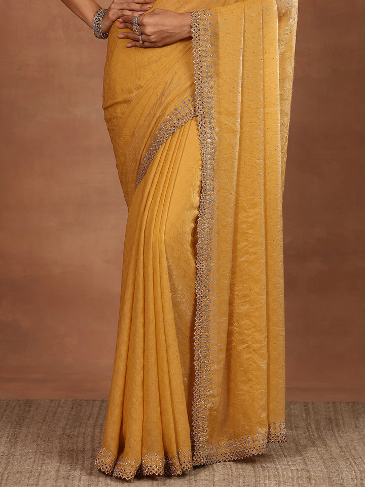 Mustard Embellished Chiffon Sarees With Unstitched Blouse Piece