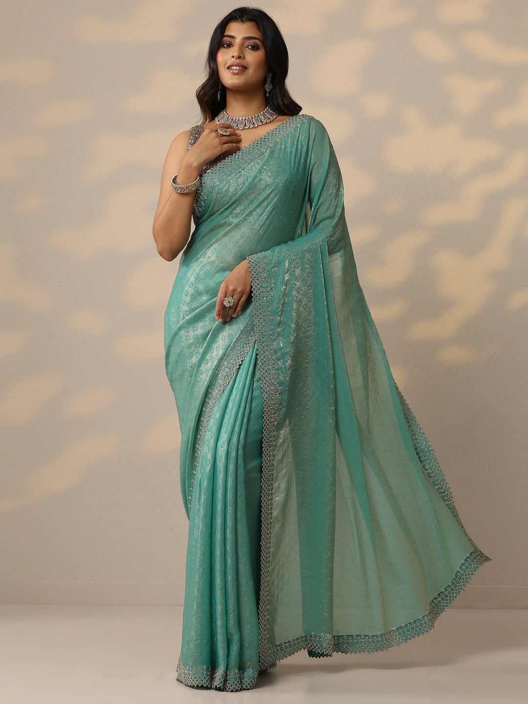 Green Embellished Chiffon Sarees With Unstitched Blouse Piece