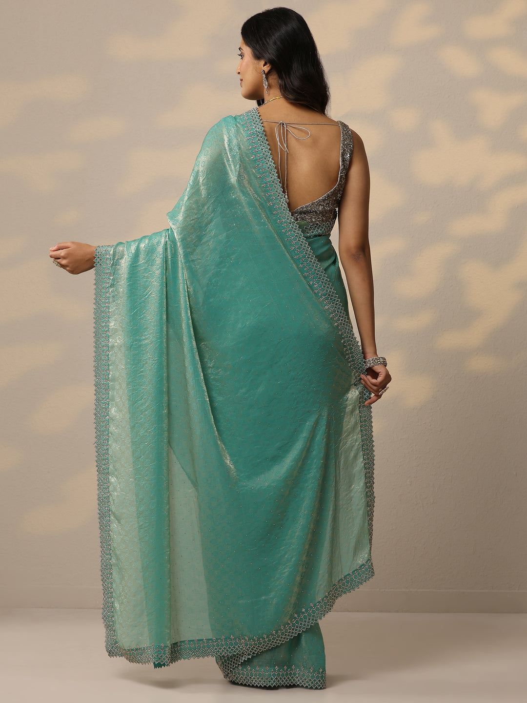 Green Embellished Chiffon Sarees With Unstitched Blouse Piece