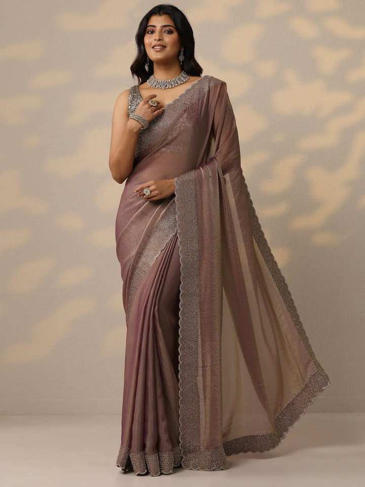 Mauve Embellished Organza Sarees With Unstitched Blouse Piece