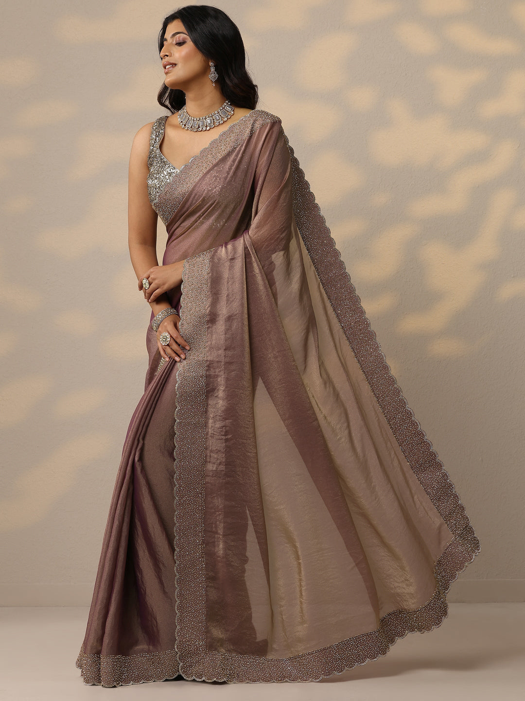 Mauve Embellished Organza Sarees With Unstitched Blouse Piece