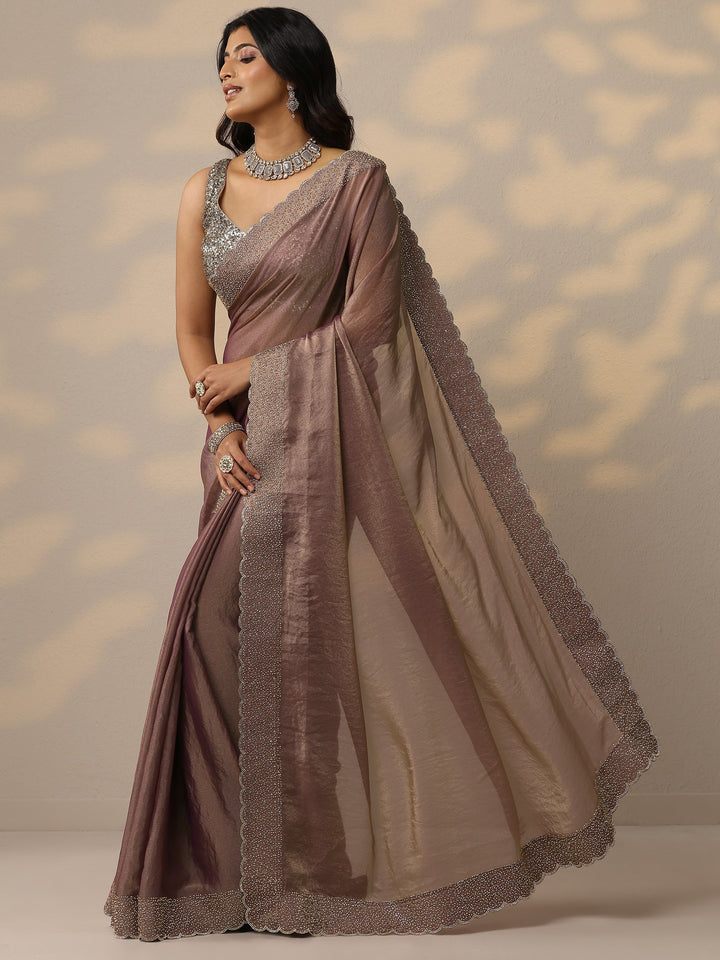 Mauve Embellished Organza Sarees With Unstitched Blouse Piece