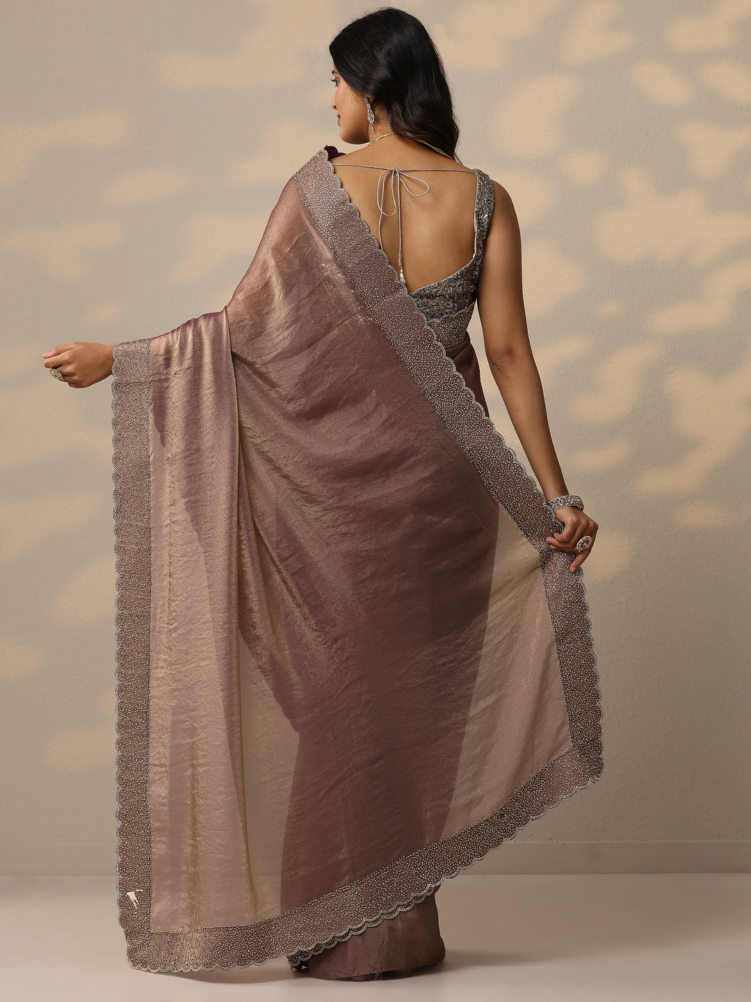 Mauve Embellished Organza Sarees With Unstitched Blouse Piece