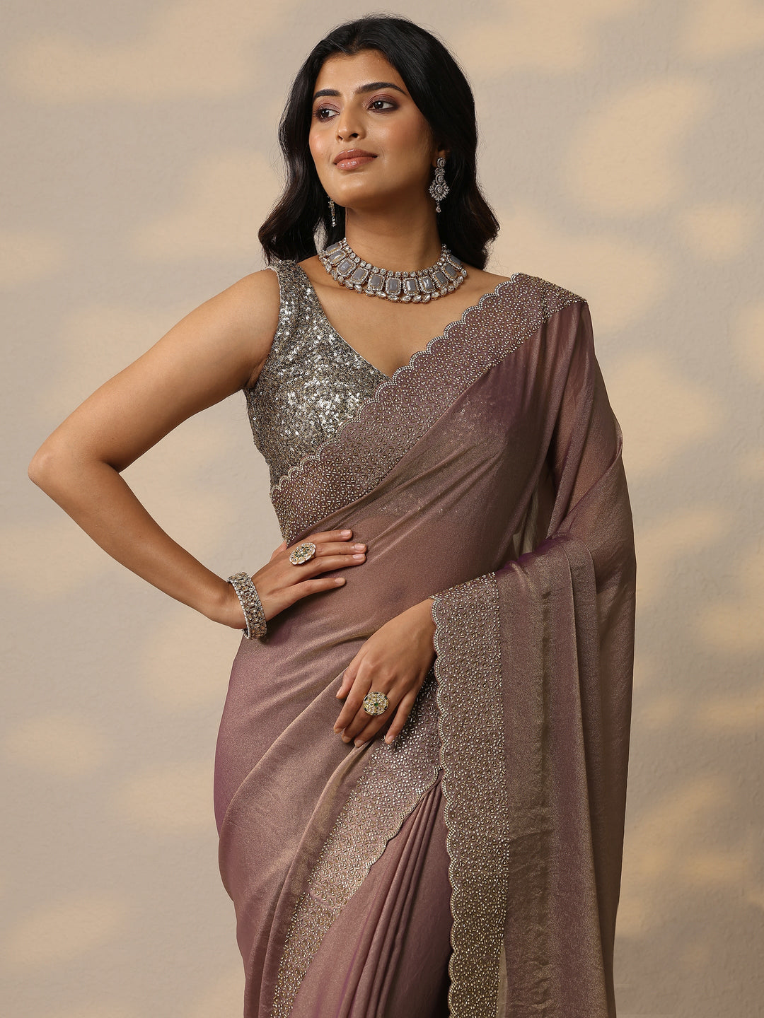 Mauve Embellished Organza Sarees With Unstitched Blouse Piece