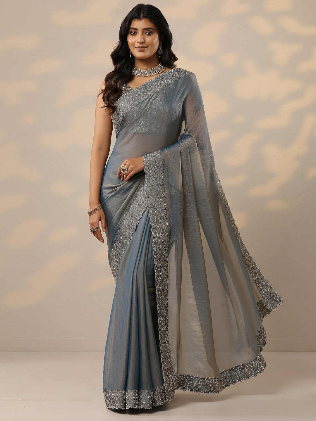 Blue Embellished Organza Sarees With Unstitched Blouse Piece