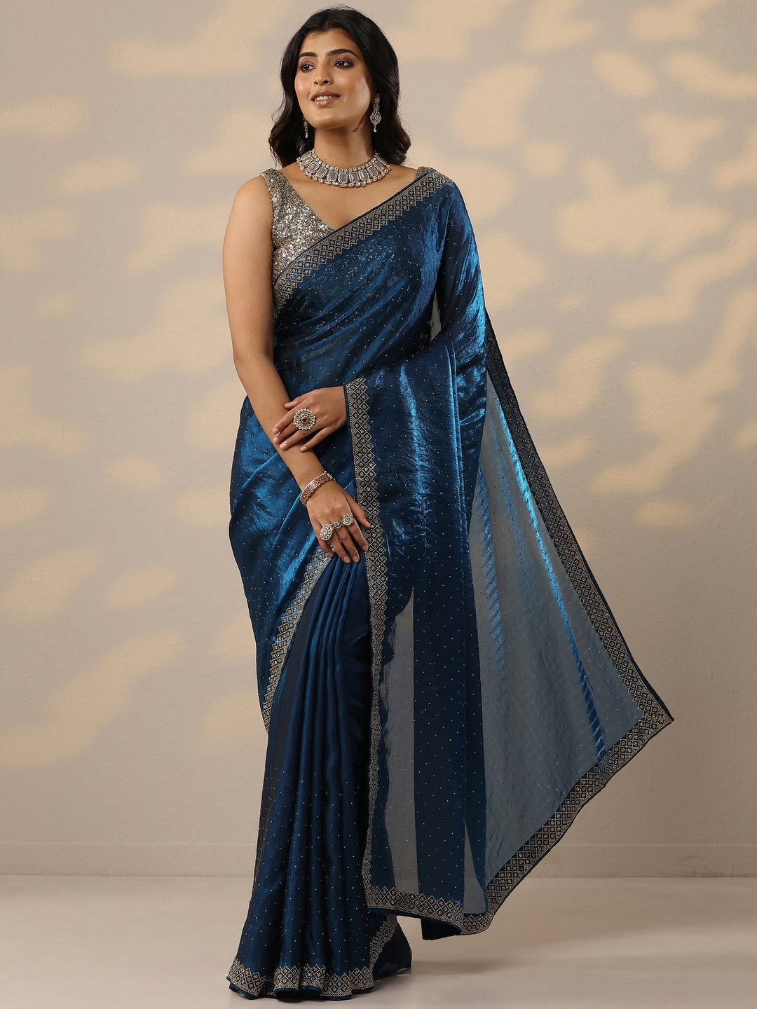 Navy Blue Embellished Organza Sarees With Unstitched Blouse Piece