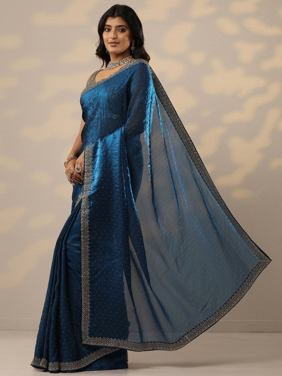 Navy Blue Embellished Organza Sarees With Unstitched Blouse Piece