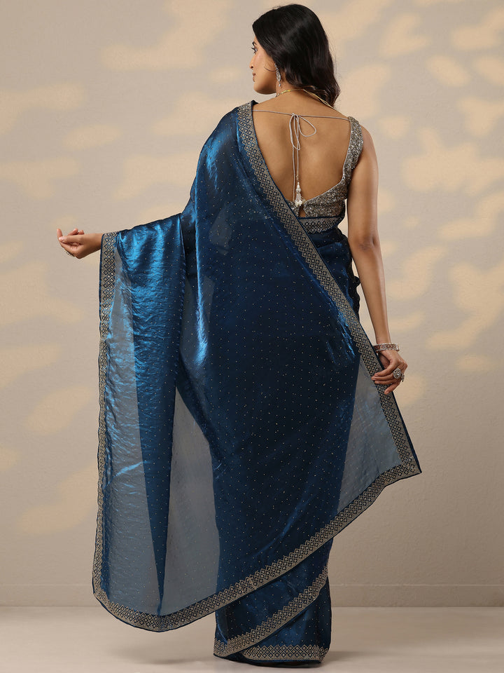 Navy Blue Embellished Organza Sarees With Unstitched Blouse Piece