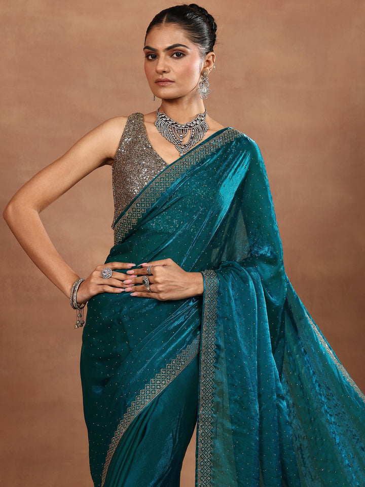 Blue Embellished Organza Sarees With Unstitched Blouse Piece