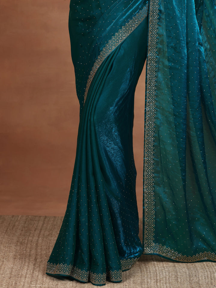 Blue Embellished Organza Sarees With Unstitched Blouse Piece
