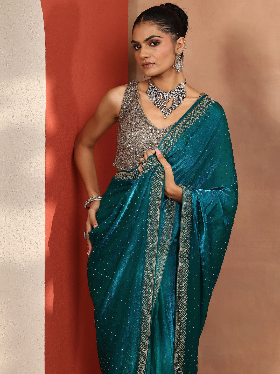Blue Embellished Organza Sarees With Unstitched Blouse Piece