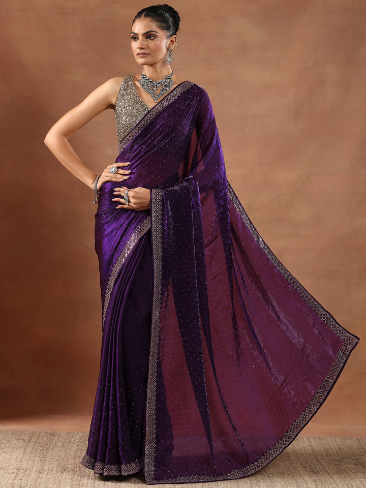 Purple Embellished Organza Sarees With Unstitched Blouse Piece