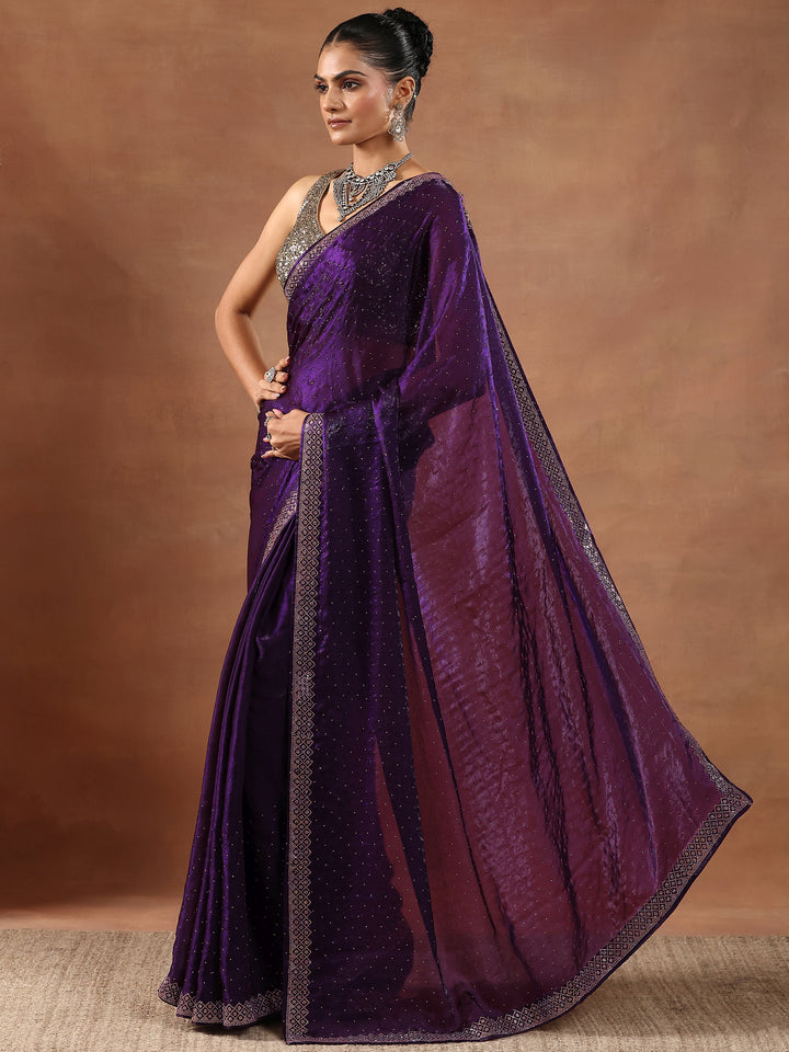 Purple Embellished Organza Sarees With Unstitched Blouse Piece