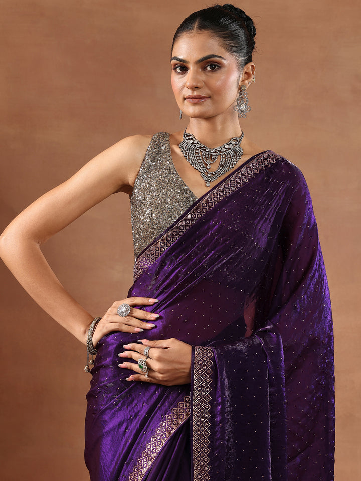 Purple Embellished Organza Sarees With Unstitched Blouse Piece