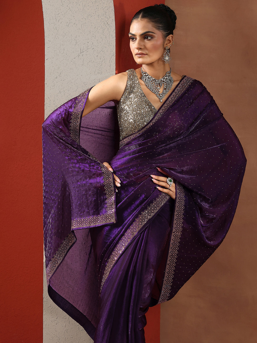 Purple Embellished Organza Sarees With Unstitched Blouse Piece