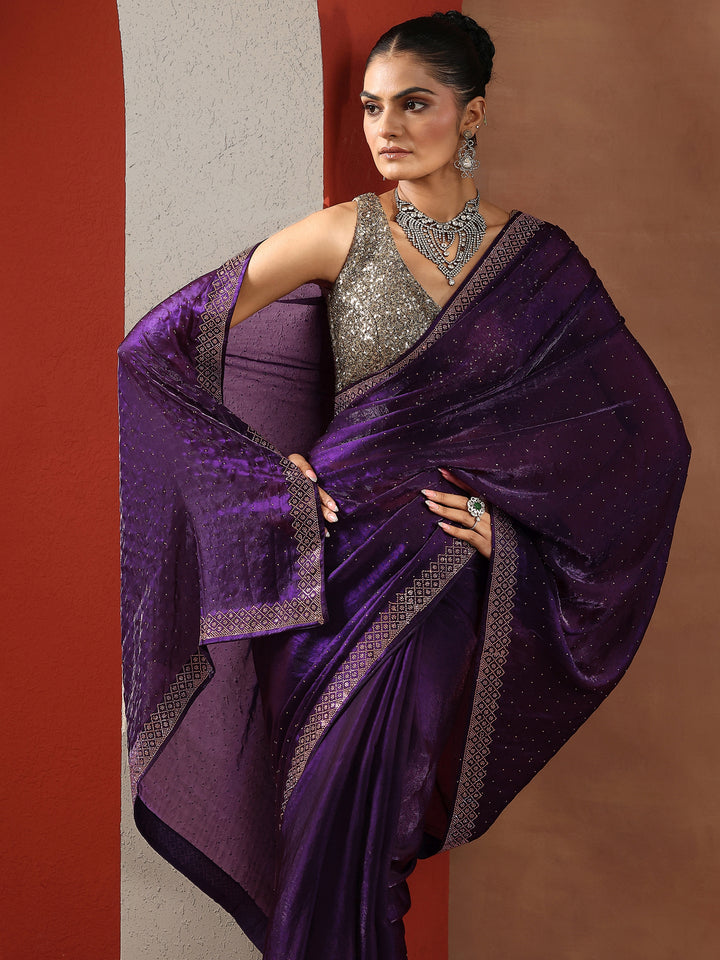 Purple Embellished Organza Sarees With Unstitched Blouse Piece