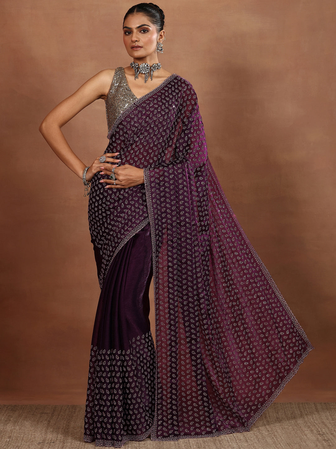 Purple Embellished Organza Sarees With Unstitched Blouse Piece