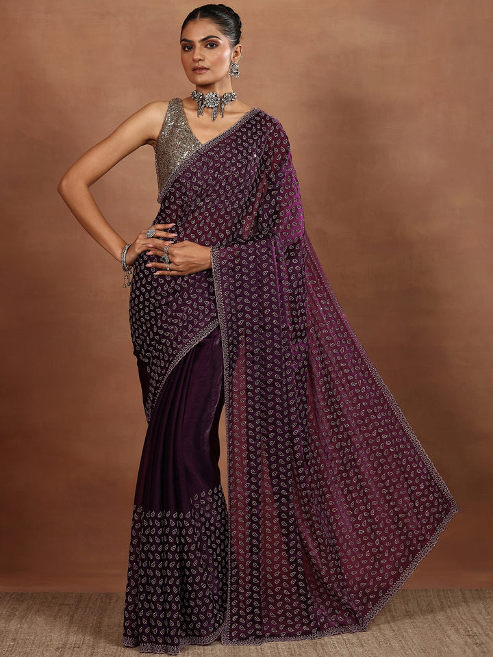 Purple Embellished Organza Sarees With Unstitched Blouse Piece