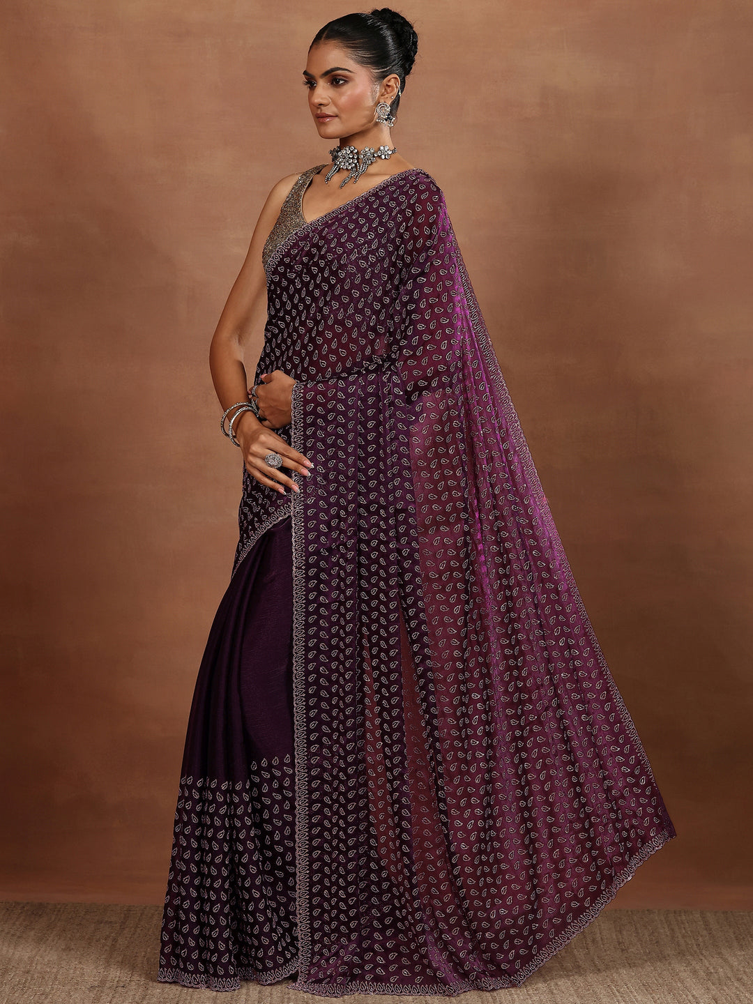 Purple Embellished Organza Sarees With Unstitched Blouse Piece