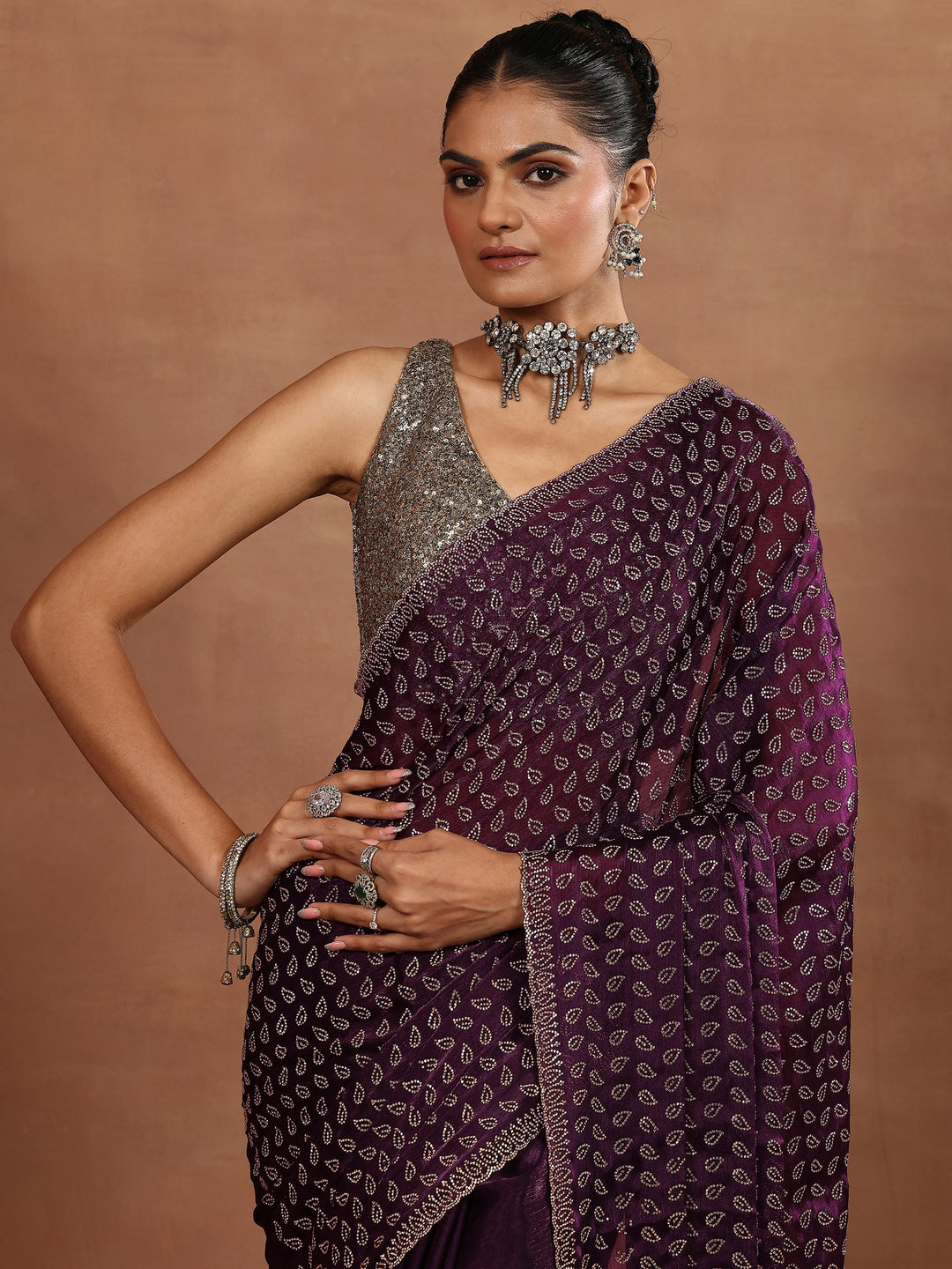 Purple Embellished Organza Sarees With Unstitched Blouse Piece