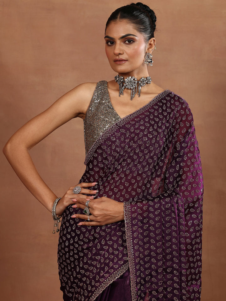 Purple Embellished Organza Sarees With Unstitched Blouse Piece