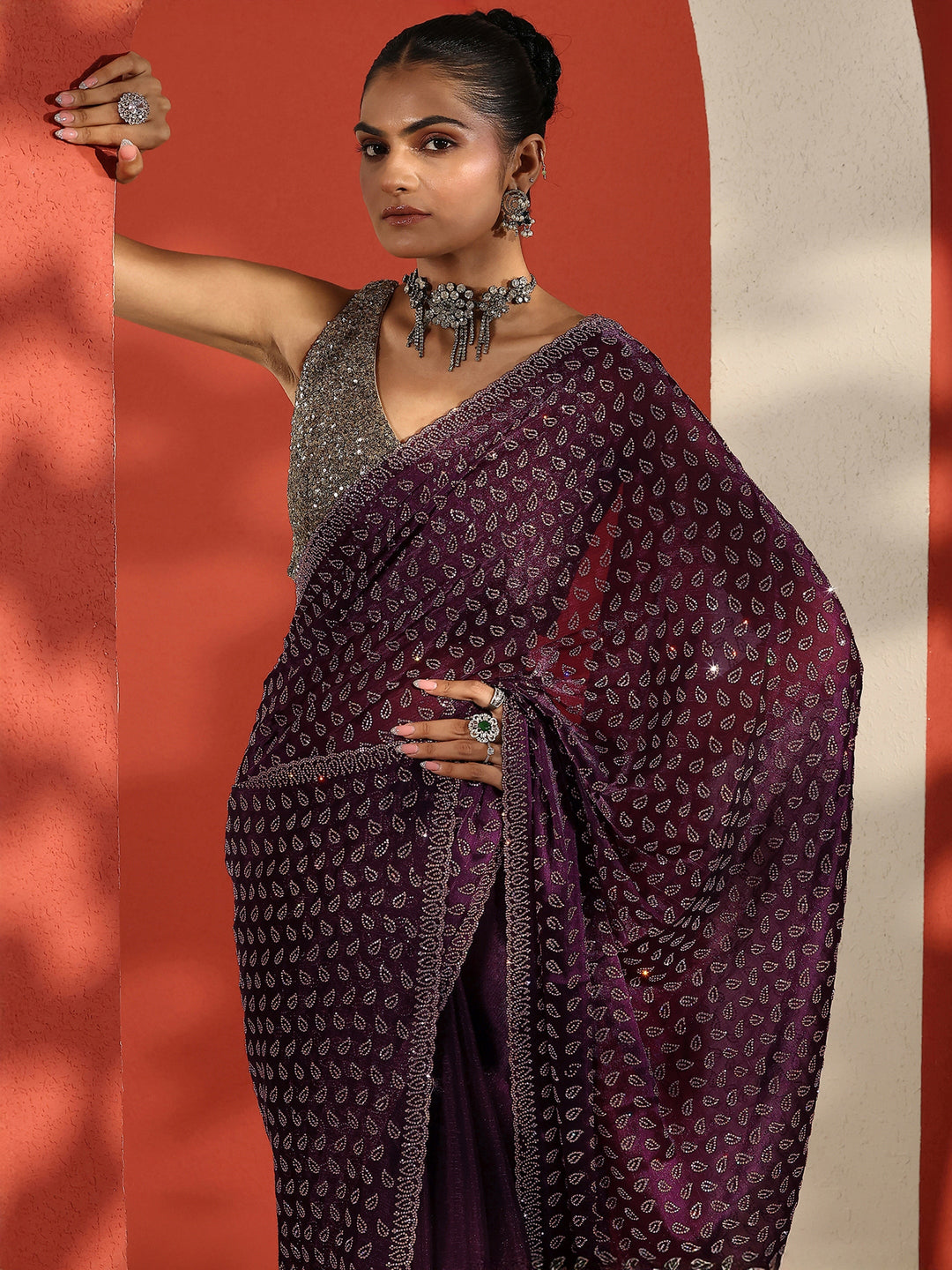 Purple Embellished Organza Sarees With Unstitched Blouse Piece