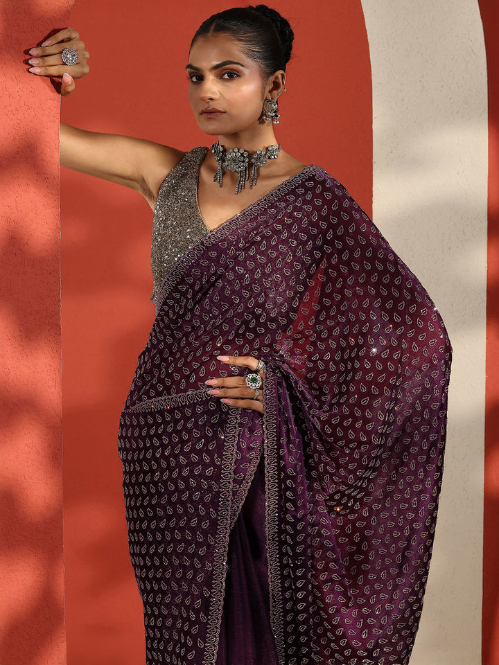 Purple Embellished Organza Sarees With Unstitched Blouse Piece