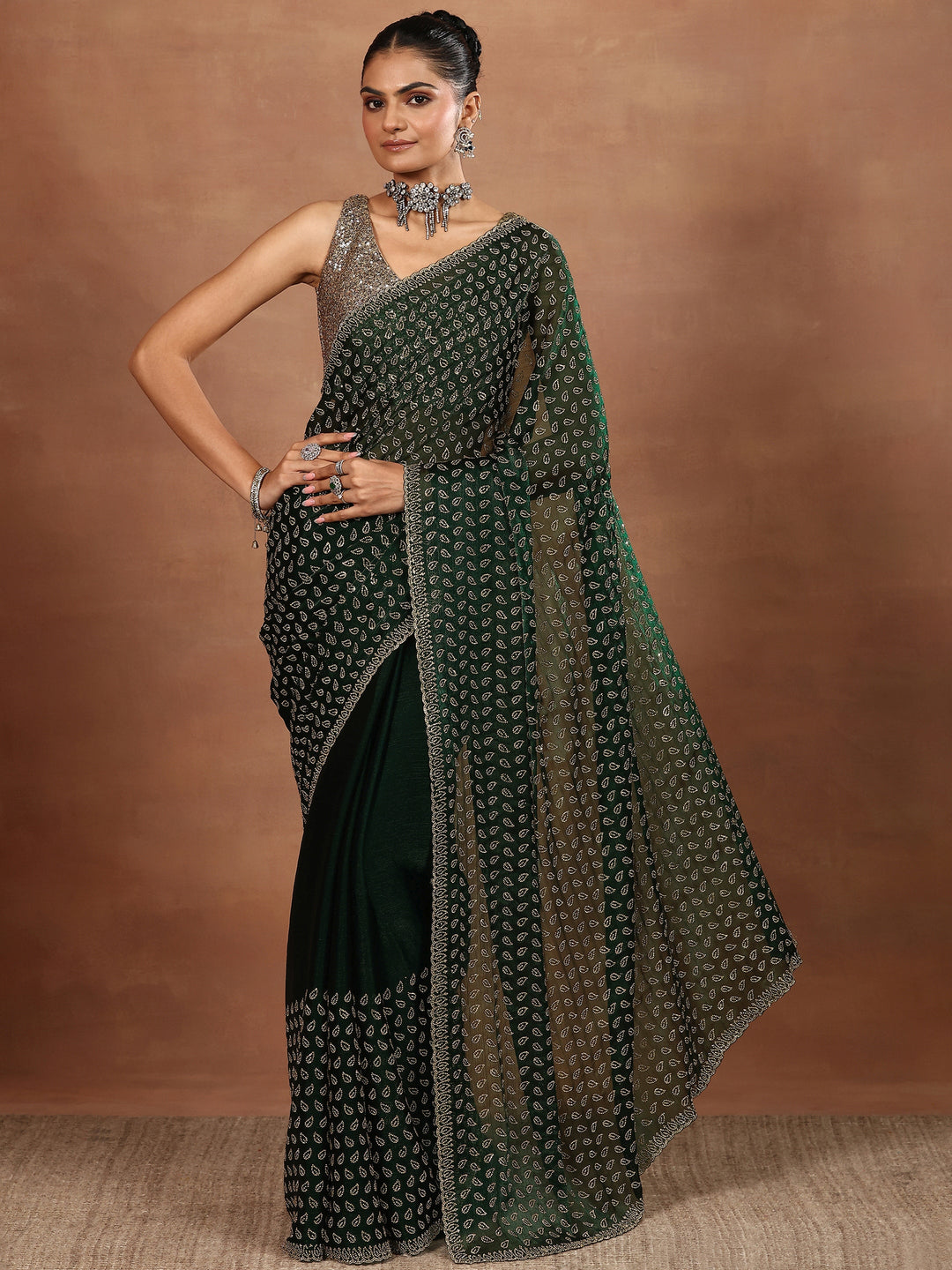 Green Embellished Organza Sarees With Unstitched Blouse Piece