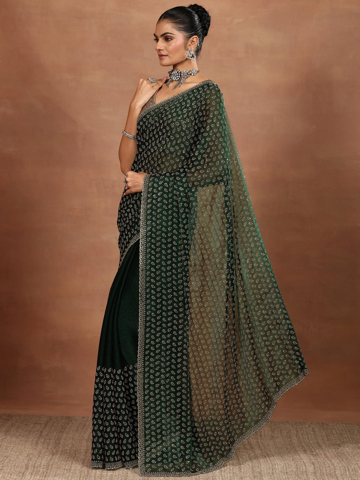 Green Embellished Organza Sarees With Unstitched Blouse Piece