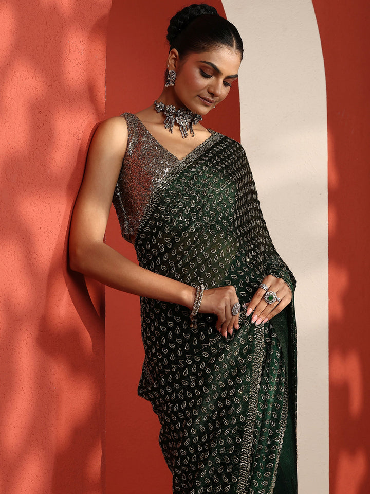 Green Embellished Organza Sarees With Unstitched Blouse Piece